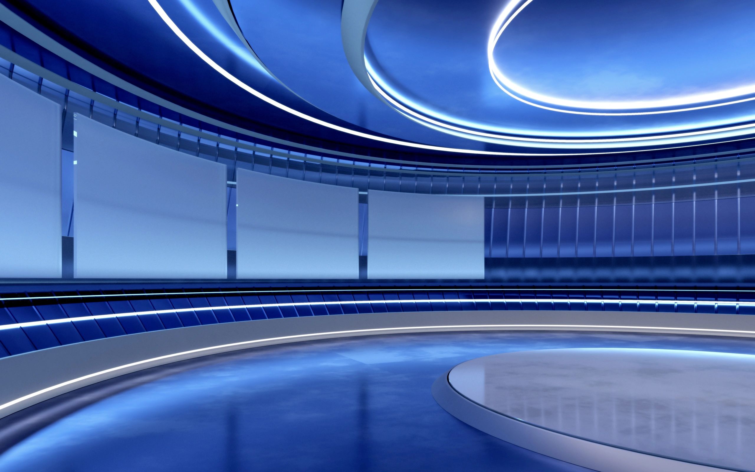 Modern broadcast studio with blue lighting