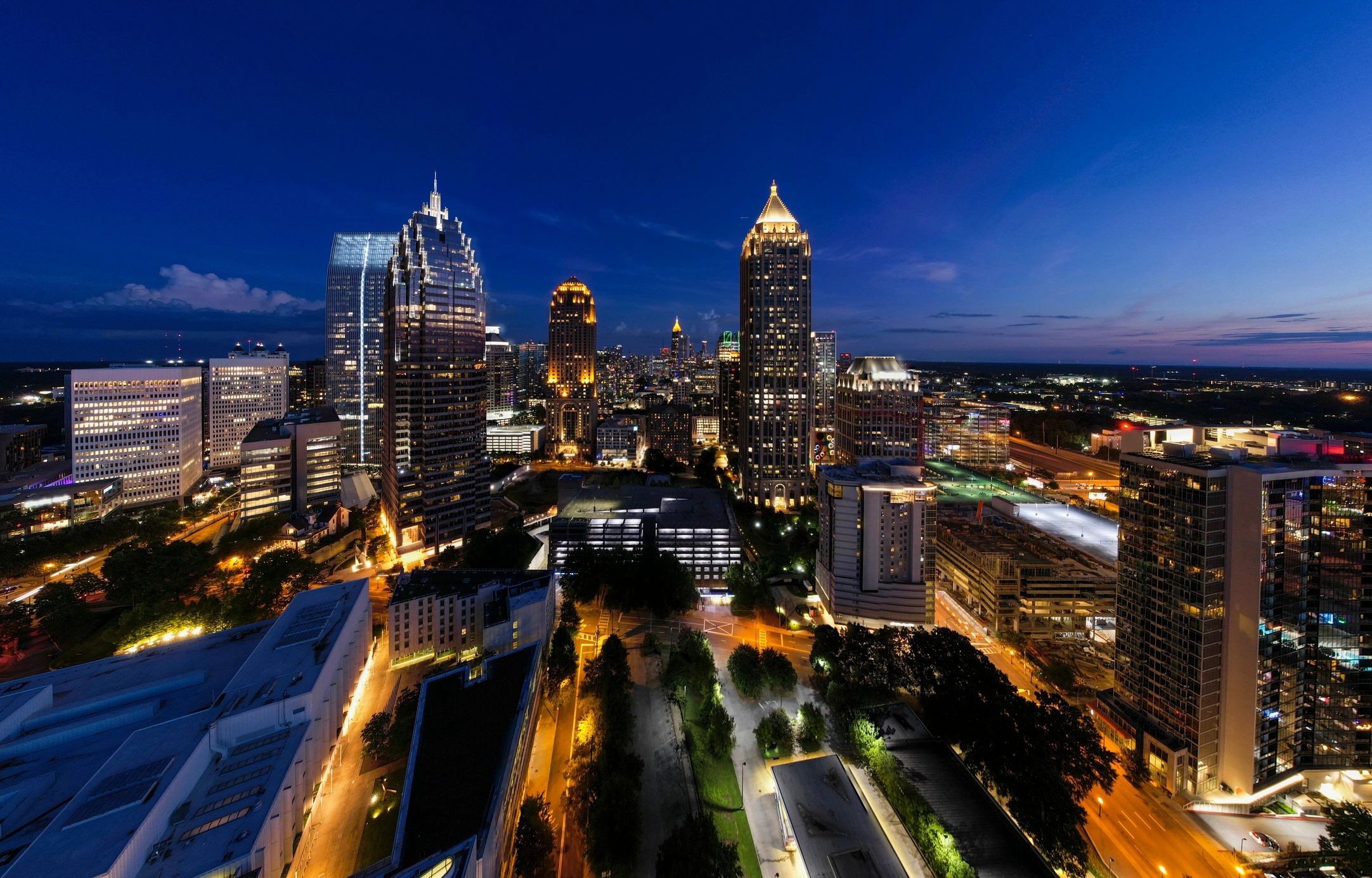 Illuminated city skyline at twilight