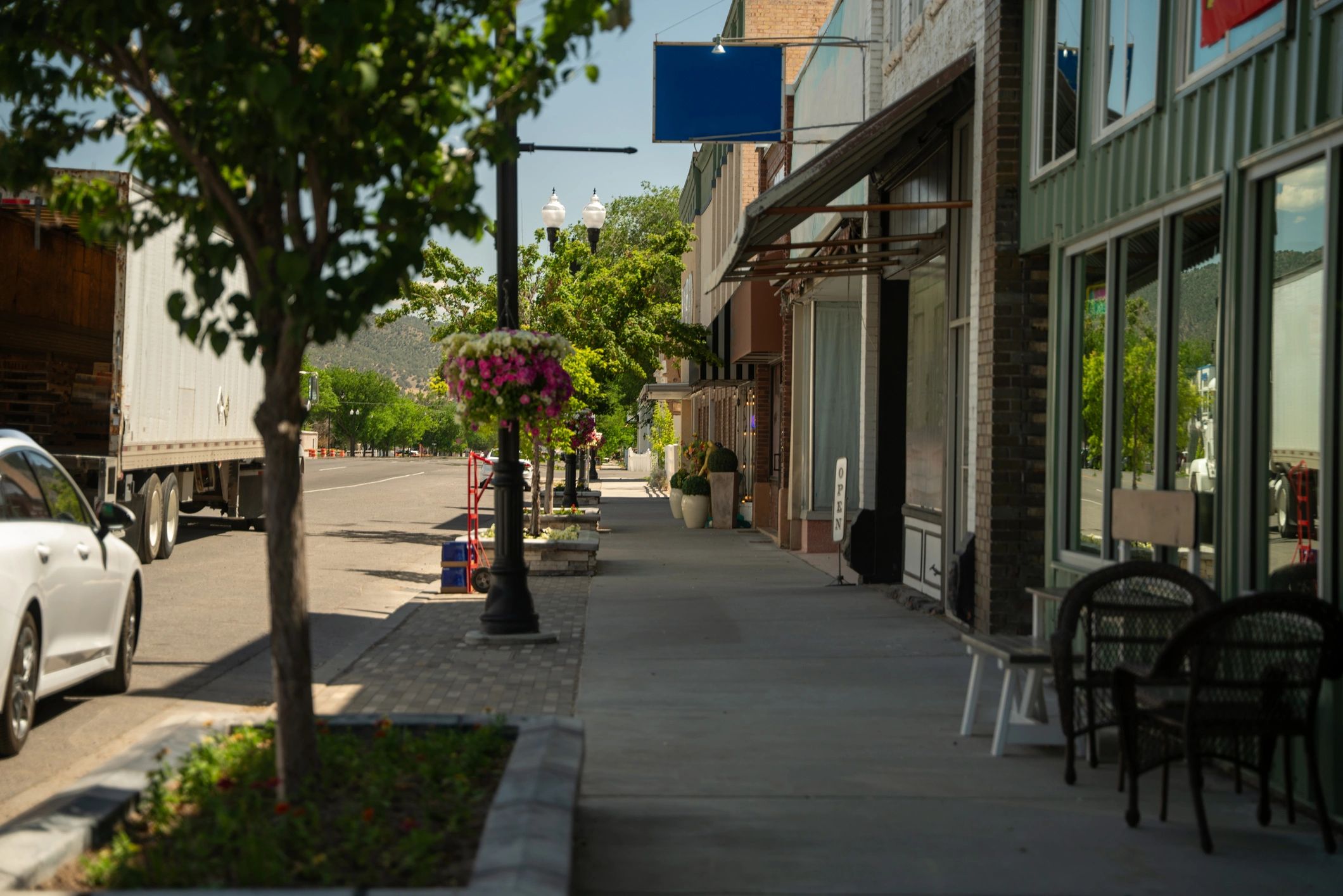 Main street storefronts representing featured local businesses
