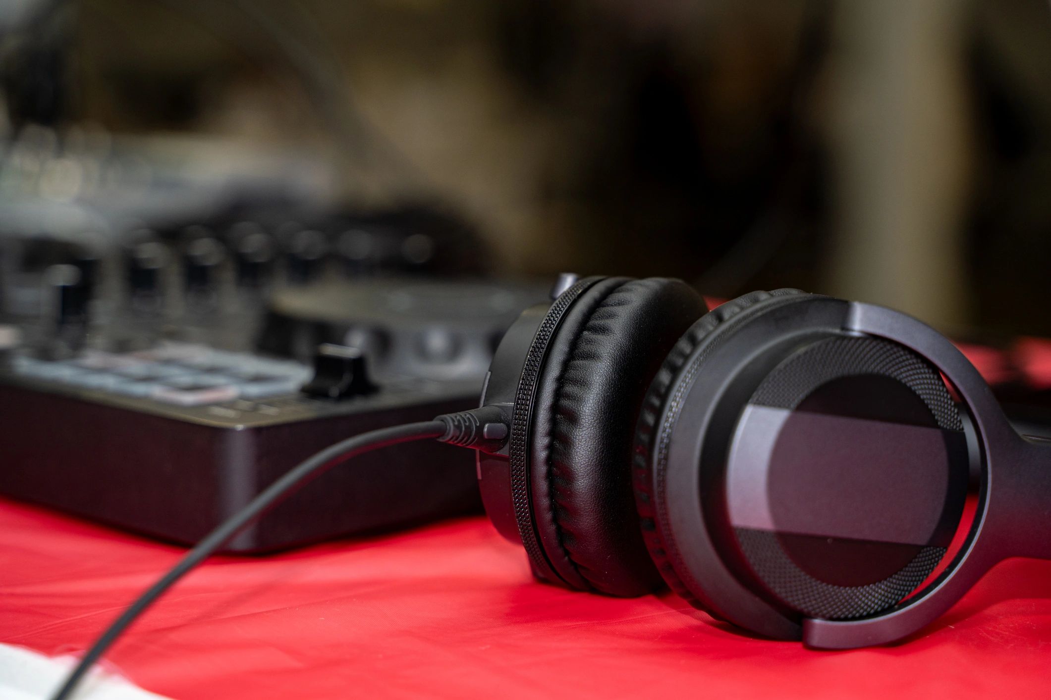 Headphones on DJ table setup